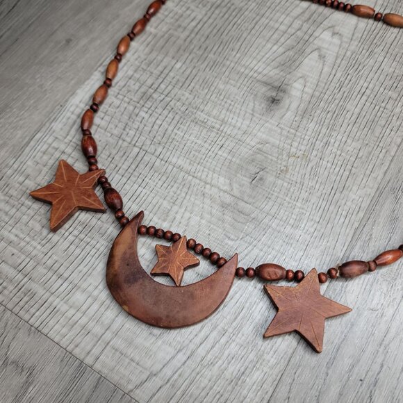 Handcrafted Wooden Star & Crescent Moon Necklace - Picture 3 of 4
